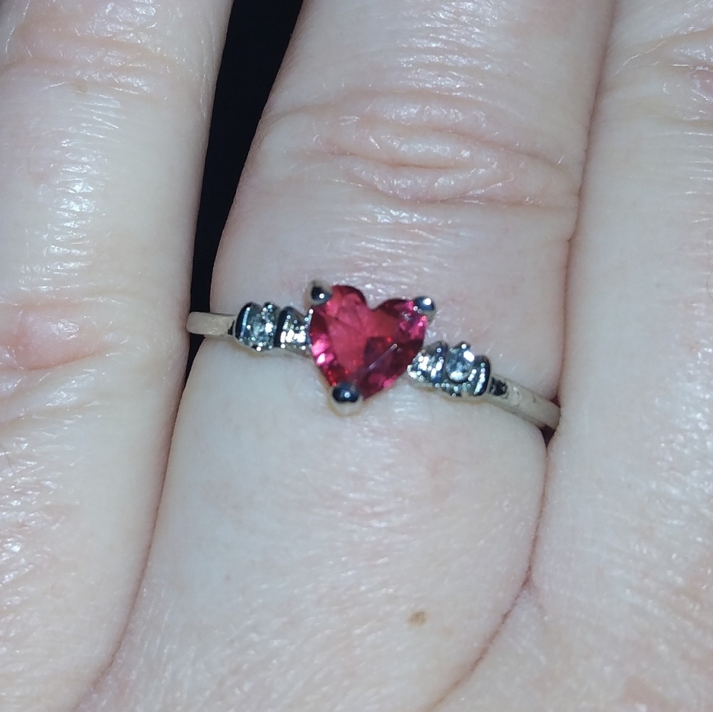 Sterling Silver Finish Simulated Red Ruby Heart D… - image 1